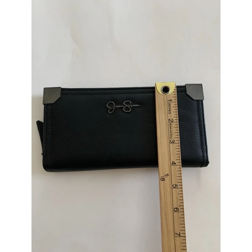 Jessica Simpson Women's Black Continental Wallet Clutch Gunmetal Logo Card Slots